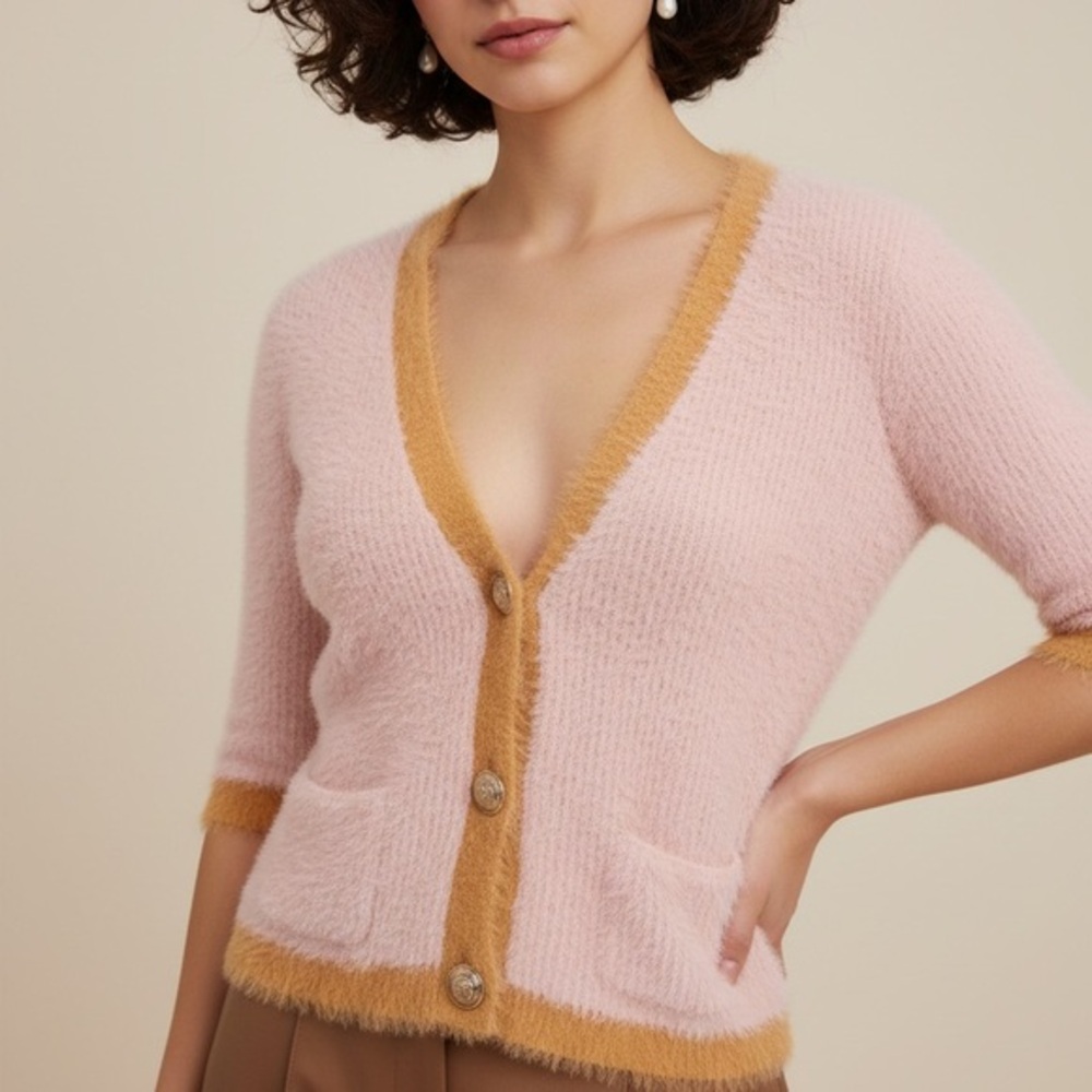 L'AGENCE Pink and Mustard Fuzzy V-Neck Cardigan